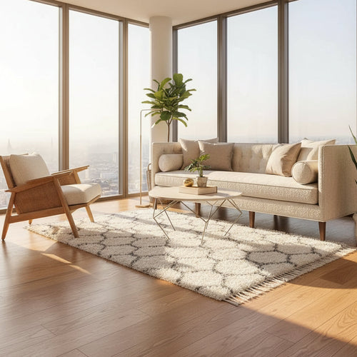Living room with a brown sofa, blue armchair, and coffee table on a patterned rug.