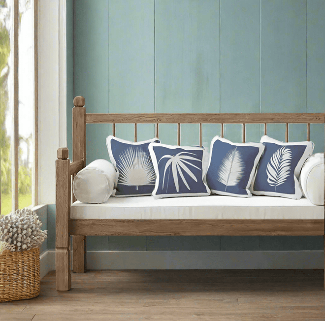 Blue & White 18" Palm Leaf Print Full Throw Pillow Set of 4 - The Finishing Touch Decor