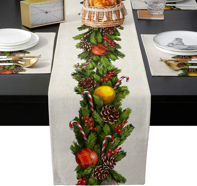 Christmas Decorated Garland Linen Table Runner