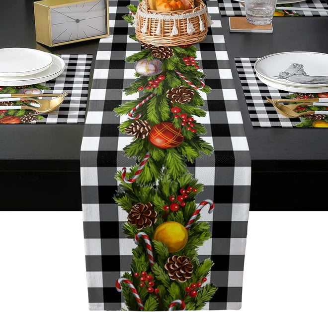 Christmas Decorated Garland Linen Table Runner