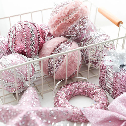 Pink Velvet & Sparkle Christmas Tree Holiday Ornaments