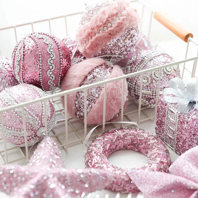 Pink Velvet & Sparkle Christmas Tree Holiday Ornaments