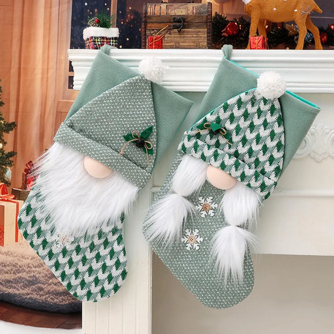 Knitted Green Gnome Christmas Gift Stockings