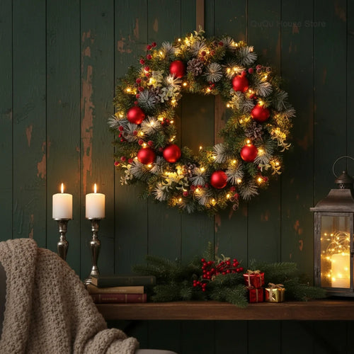 Artificial Pinecone & Red Ornament LED Christmas Wreath