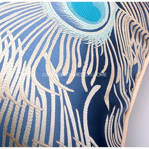 Jewel-toned Satin Peacock Feather Embroidered Throw Pillow Cover - The Finishing Touch Decor