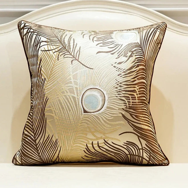Jewel-toned Satin Peacock Feather Embroidered Throw Pillow Cover - The Finishing Touch Decor