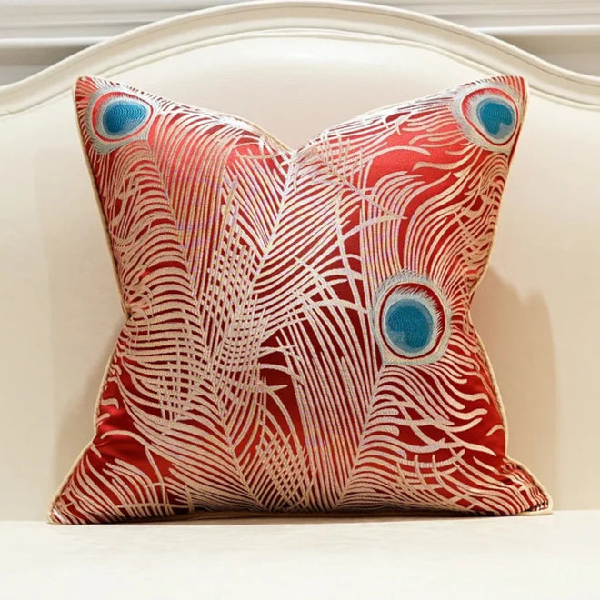 Jewel-toned Satin Peacock Feather Embroidered Throw Pillow Cover - The Finishing Touch Decor