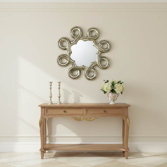 Antique Finish Frame Circular Art Deco Wall Mirror