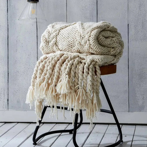Chunky Knit Blanket Beige Soft Tassel Plaid Throw Blanket - The Finishing Touch Decor