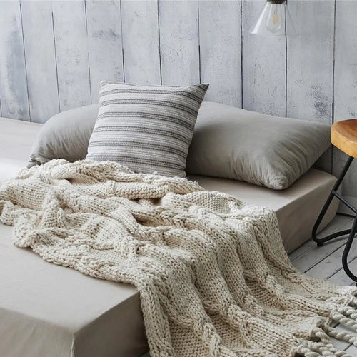 Chunky Knit Blanket Beige Soft Tassel Plaid Throw Blanket - The Finishing Touch Decor