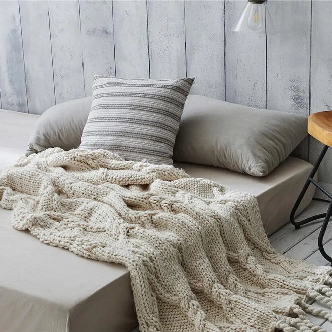 Chunky Knit Blanket Beige Soft Tassel Plaid Throw Blanket - The Finishing Touch Decor