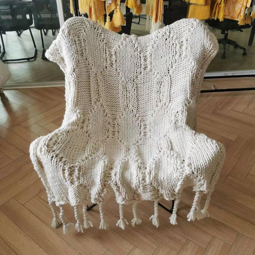 Chunky Knit Blanket Beige Soft Tassel Plaid Throw Blanket - The Finishing Touch Decor