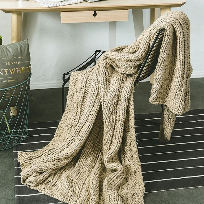 Chunky Knit Blanket Beige Soft Tassel Plaid Throw Blanket - The Finishing Touch Decor