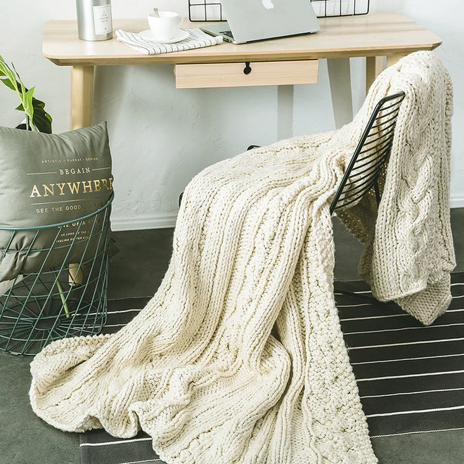 Chunky Knit Blanket Beige Soft Tassel Plaid Throw Blanket - The Finishing Touch Decor
