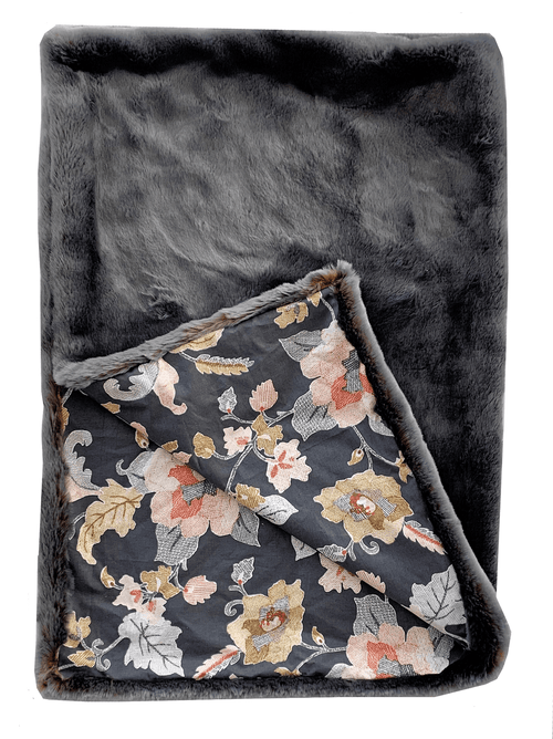 Faux Fur Grey Handmade Floral Lined Luxury Throw - The Finishing Touch Decor
