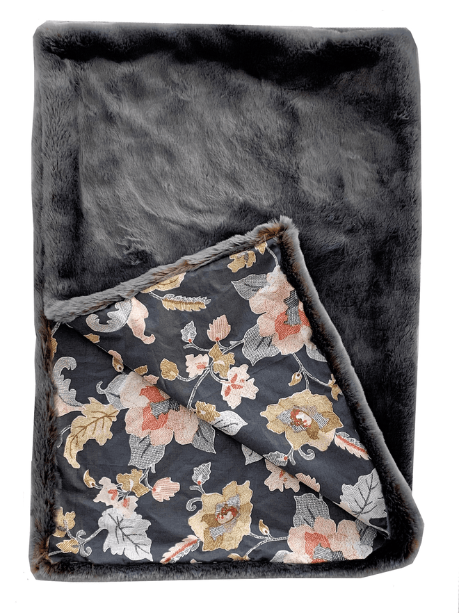 Faux Fur Grey Handmade Floral Lined Luxury Throw - The Finishing Touch Decor