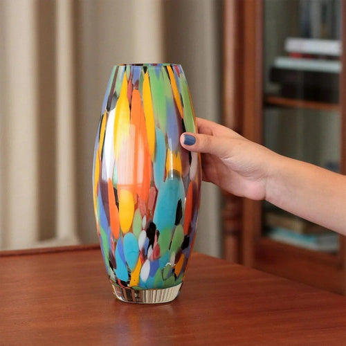 Colorful glass vase with confetti effect, hand blown Murano style art glass, used for flowers and room decoration - The Finishing Touch Decor