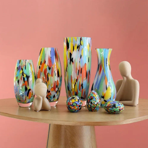 Colorful glass vase with confetti effect, hand blown Murano style art glass, used for flowers and room decoration - The Finishing Touch Decor