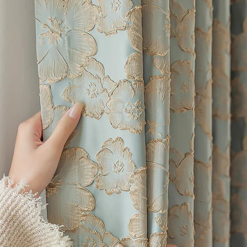 Blue Gold Embossed Flower Jacquard Grommet Curtains - The Finishing Touch Decor