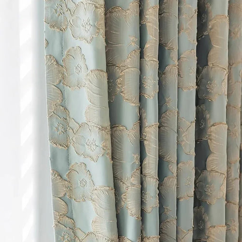 Blue Gold Embossed Flower Jacquard Grommet Curtains - The Finishing Touch Decor