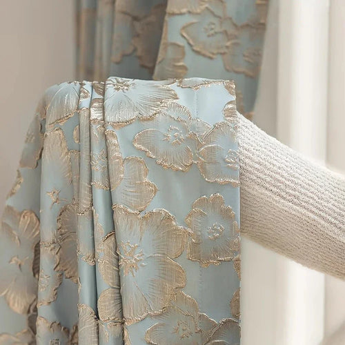 Blue Gold Embossed Flower Jacquard Grommet Curtains - The Finishing Touch Decor