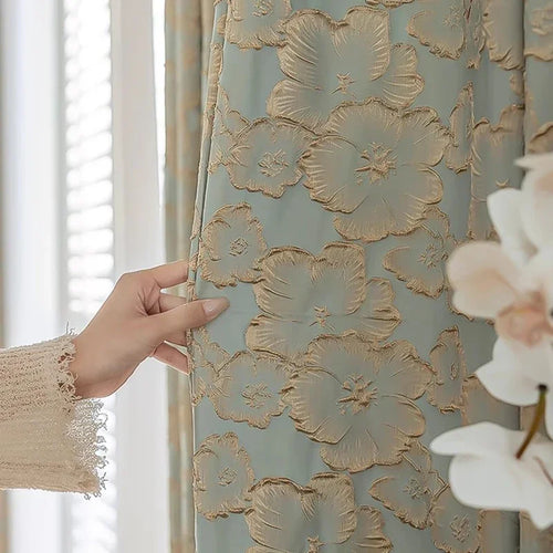 Blue Gold Embossed Flower Jacquard Grommet Curtains - The Finishing Touch Decor