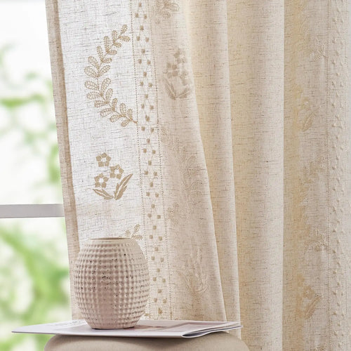 Floral Country Linen Blend Beige Embroidered Curtains - The Finishing Touch Decor