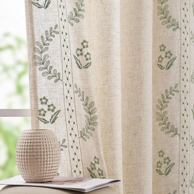 Floral Country Linen Blend Beige Embroidered Curtains - The Finishing Touch Decor