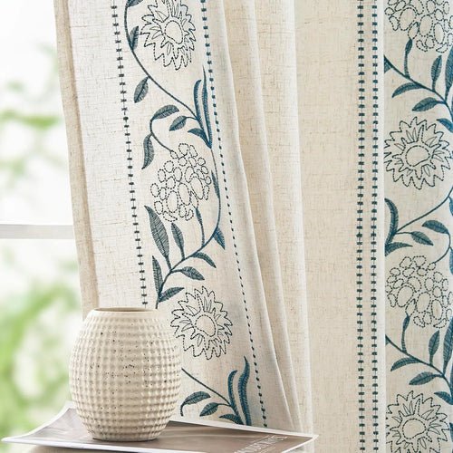 Floral Country Linen Blend Beige Embroidered Curtains - The Finishing Touch Decor