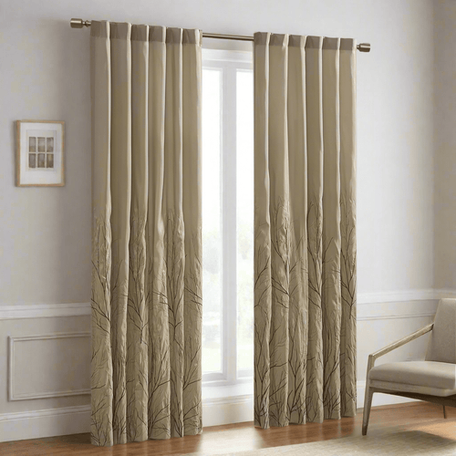 Embroidered Branch Beige Lined Faux Silk Curtains Panel - The Finishing Touch Decor