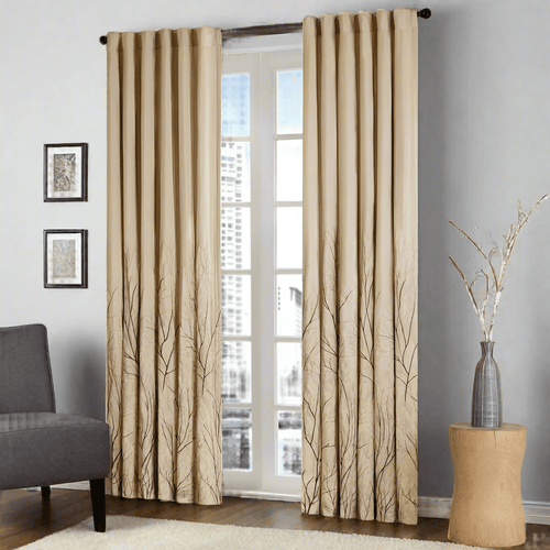 Embroidered Branch Beige Lined Faux Silk Curtains Panel - The Finishing Touch Decor