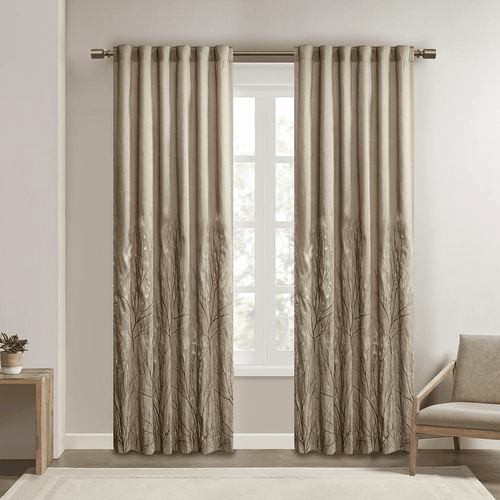 Embroidered Branch Beige Lined Faux Silk Curtains Panel - The Finishing Touch Decor