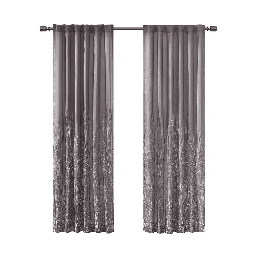 Tree branch embroidered silky lined curtain panel from The Finishing Touch Decor, showcasing elegant embroidery and soft silk lining.