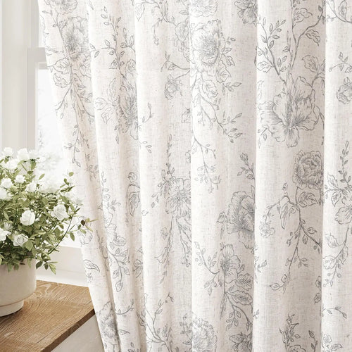 Vintage ecru and grey floral sketch farmhouse curtains from The Finishing Touch Decor, featuring a delicate floral pattern.