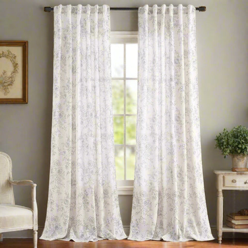 Vintage ecru and grey floral sketch farmhouse curtains by The Finishing Touch Decor, showing soft fabric and floral pattern.