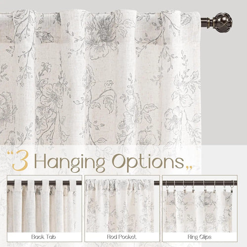 Vintage ecru and grey floral sketch farmhouse curtains by The Finishing Touch Decor, showing elegant window drapes with floral pattern.