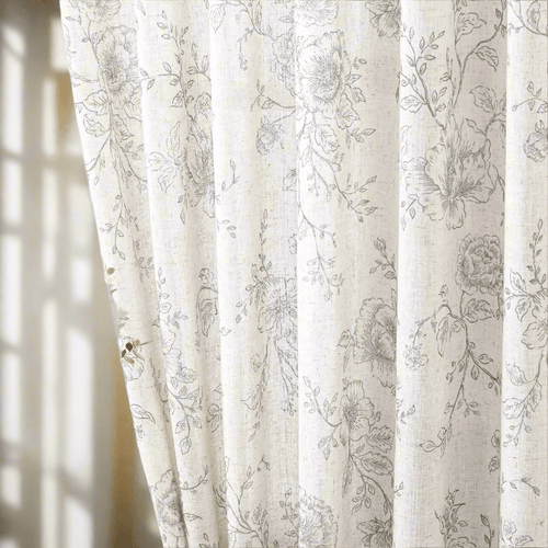 Vintage ecru and grey floral sketch farmhouse curtains by The Finishing Touch Decor, showcasing elegant window treatment design.
