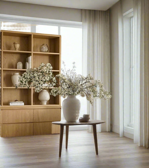 Smooth French ceramic vase with white and black Japanese style design, decorative vase with a sleek, elegant shape.