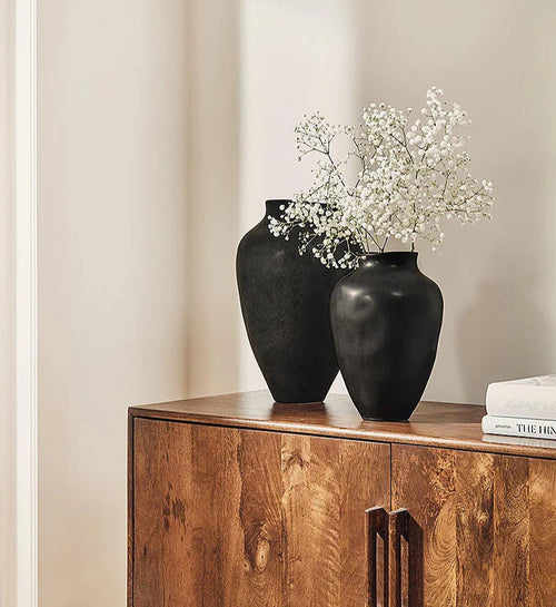 Smooth French ceramic Japanese-style decorative vase in white and black with a sleek, elegant design, standing 27.5 cm tall.