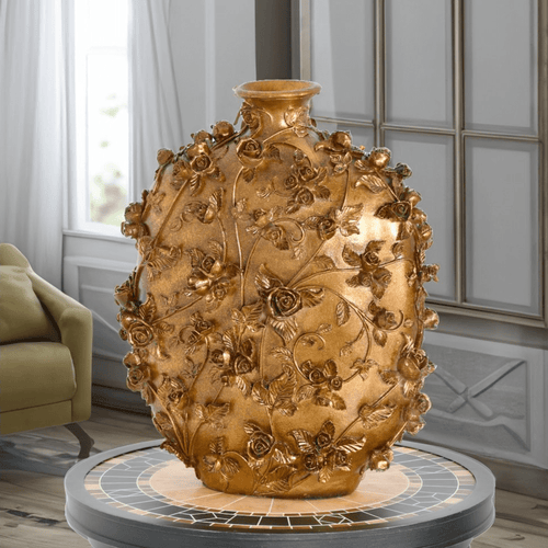 Golden Tea Rose and Vine Garden Jar Vase 20in - The Finishing Touch Decor