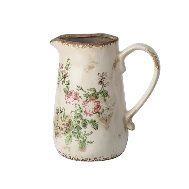Floral Pastoral Print Porcelain Handled Pitcher Vase - The Finishing Touch Decor
