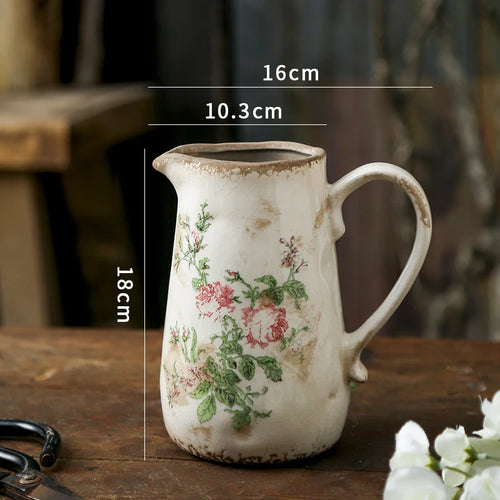 Floral Pastoral Print Porcelain Handled Pitcher Vase - The Finishing Touch Decor