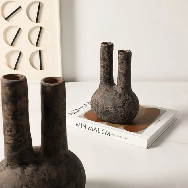 Nordic Aged Texture Ceramic Double Tube Vase - The Finishing Touch Decor