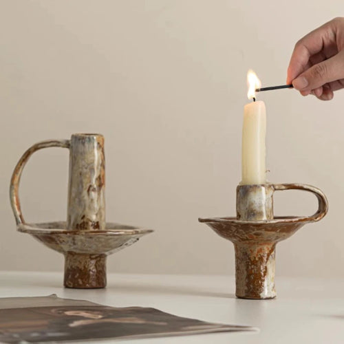 Mottled Aged Ceramic Pillar Candle Holder - The Finishing Touch Decor
