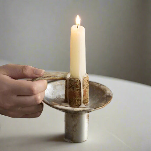 Mottled Aged Ceramic Pillar Candle Holder - The Finishing Touch Decor