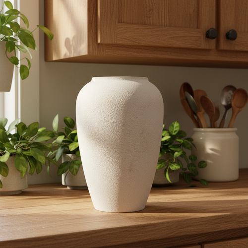 White textured vase on a wooden surface with plants and kitchen utensils in the background