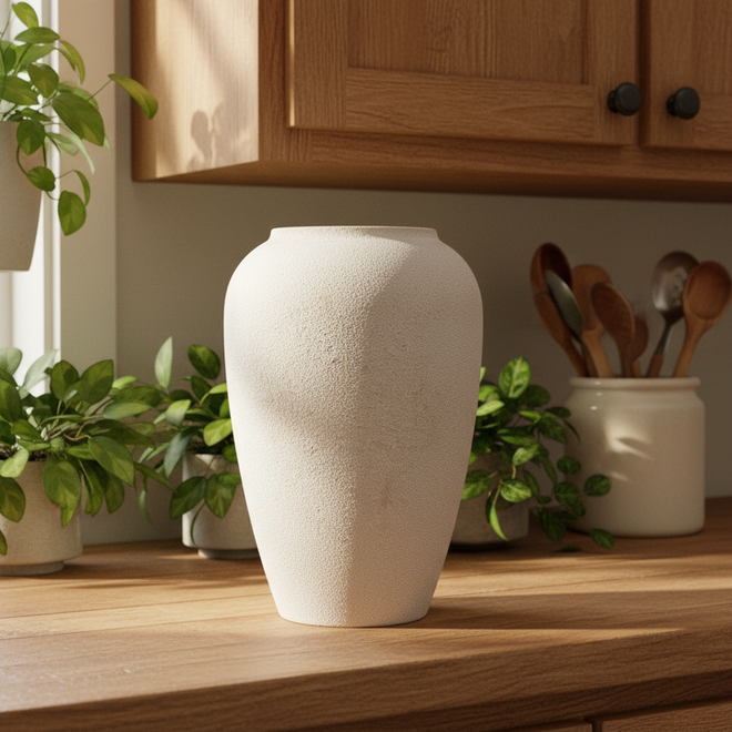 White textured vase on a wooden surface with plants and kitchen utensils in the background