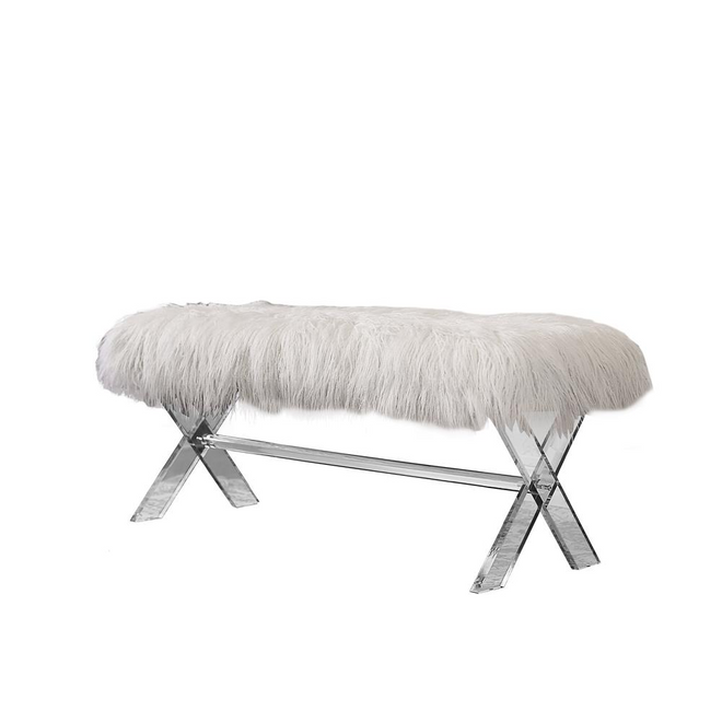 White faux long hair fur bench with acrylic legs, small furniture piece, stylish and plush for modern interior decor.