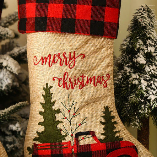 Vintage Truck Red Plaid Christmas Stocking Set
