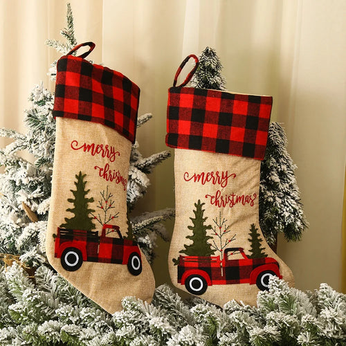 Vintage Truck Red Plaid Christmas Stocking Set